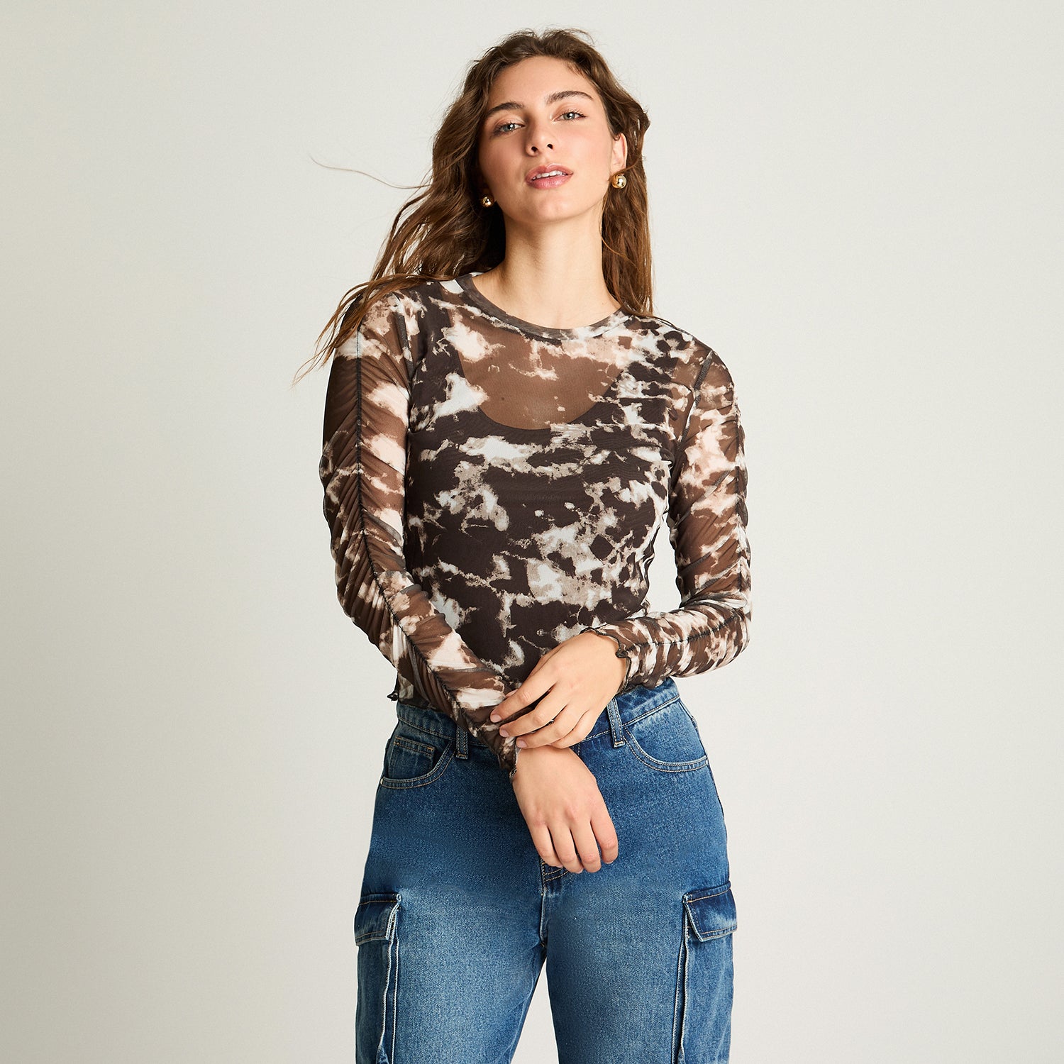 Polera Mesh Estampada Café Acuarela